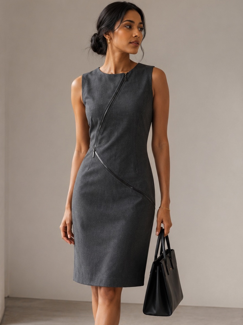 CALVIN KLEIN | Grey Sheath Dress with Zipper Details